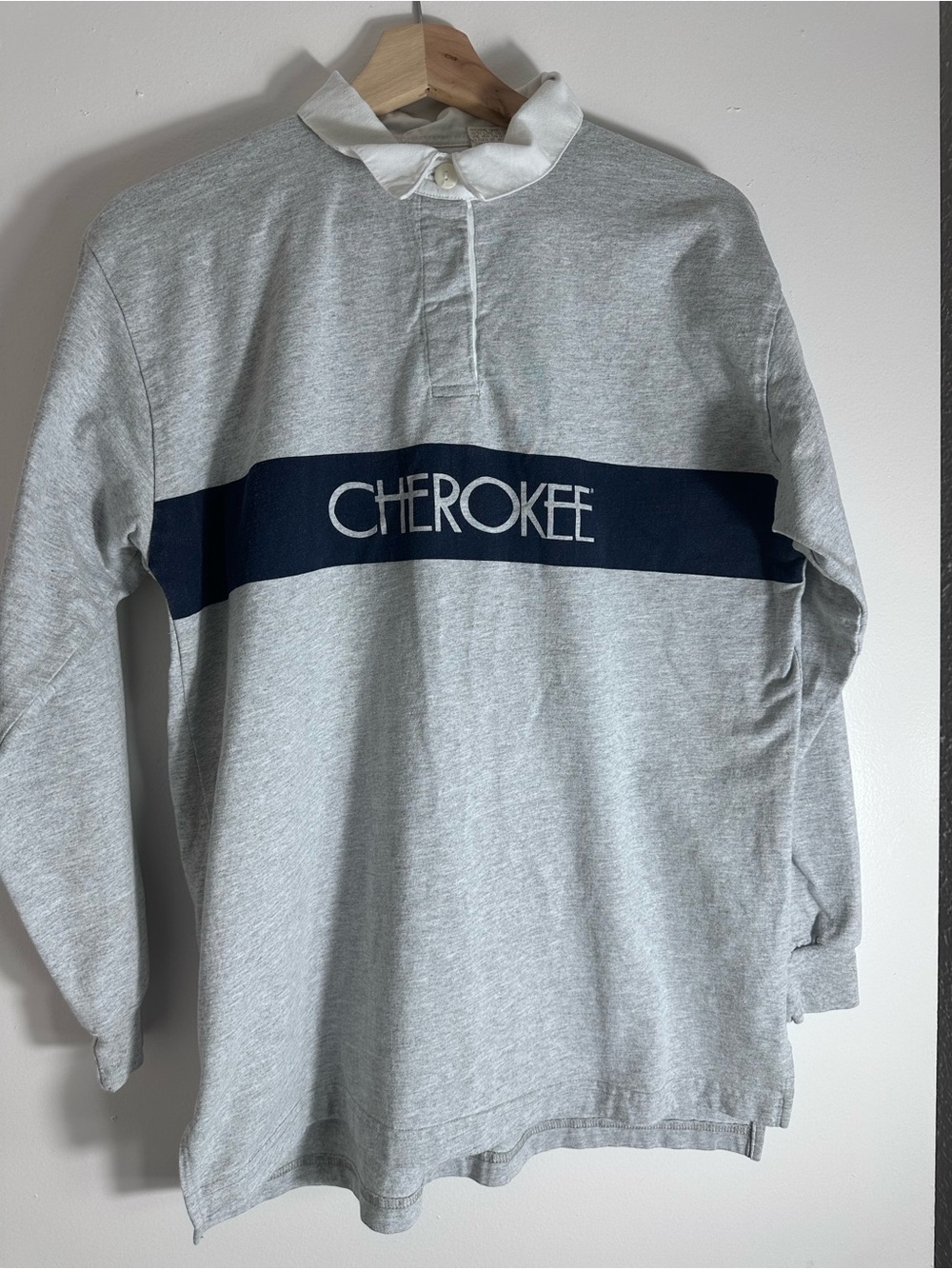 Vintage Cherokee Light Gray Rugby Polo with Navy Chest Band